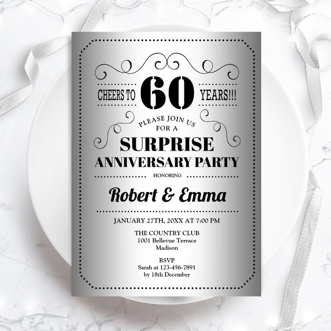 Invitation Fête surprise pour les 60 ans - Noir Argent (Créateur téléchargé)