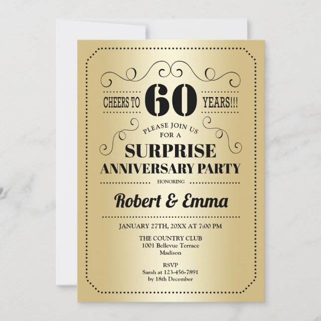 Invitation Fête surprise pour les 60 ans - Or Noir (Devant)
