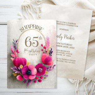 Invitation Fête surprise pour les 65 ans aux fleurs roses