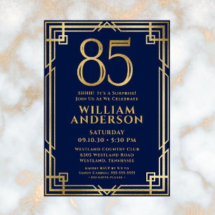 Invitation Fête surprise pour les 85 ans photo Bleu marine Or