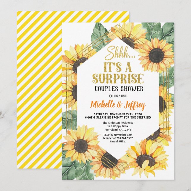 Invitation Fête surprise tournesol pour couples (Devant / Derrière)