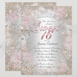 Invitation Fête Sweet 16 Beige Rose Argent Winter Wonderland