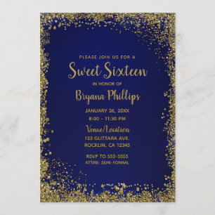 Invitation Fête Sweet 16 Bleu Royal et Paillettes Dorées Glam
