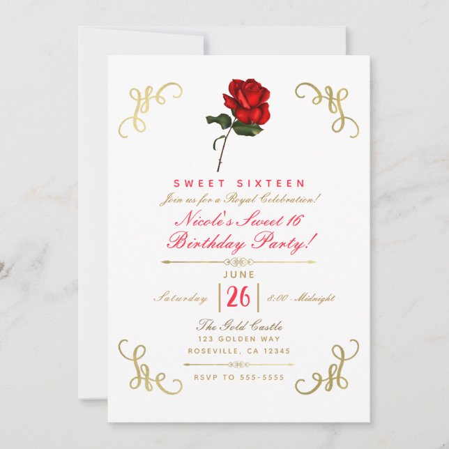 Invitation Fête Sweet 16 Coins Dorés Fleur Rose Rouge (Devant)