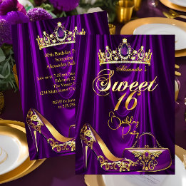 Invitation Fête Sweet 16 Couronne Violet Sac à talons hauts O