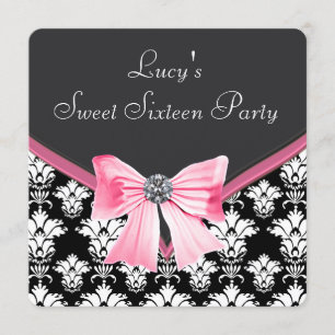 Invitation Fête Sweet 16 Damassé Rose Noir