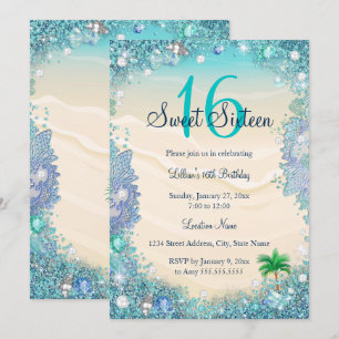 Invitation Fête Sweet 16 de perles de sable d'océan d'eau ble