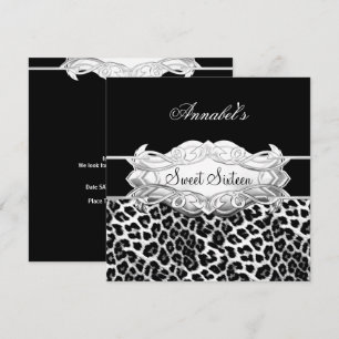 Invitation Fête Sweet 16 Élégant Léopard Noir Blanc