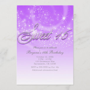 Invitation Fête SWEET 16 Étoiles Violettes et Argentées Brill