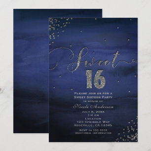 Invitation Fête SWEET 16 Glam Moderne Aquarelle Bleu Argent