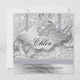 Invitation Fête Sweet 16 Grad Couronne Blanche Bijoux Feuille