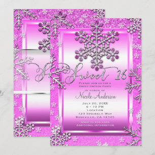 Invitation Fête SWEET 16 Hot Pink Pailleté Flocons de neige d