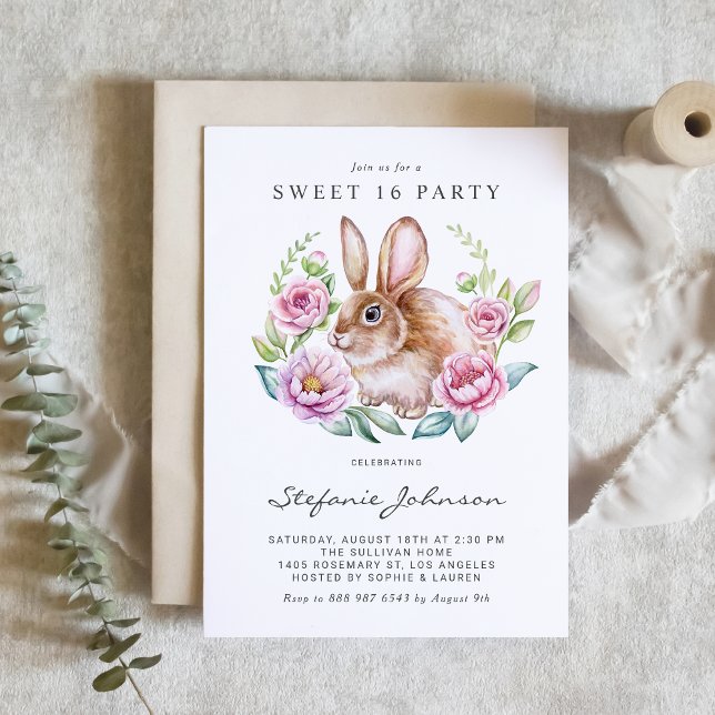 Invitation Fête Sweet 16 Lapin Aquarelle et Fleurs Roses (This charming sweet 16 invitation features a watercolor rabbit nestled inside a floral wreath.)