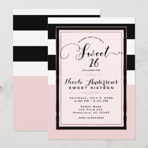Invitation Fête Sweet 16 Moderne Rose Noir et Blanc Rayures