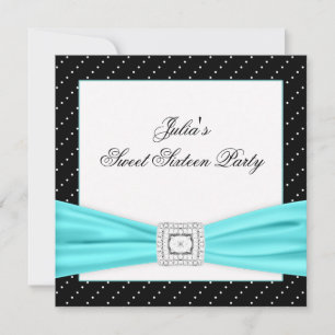 Invitation Fête Sweet 16 Noir Blanc Turquoise
