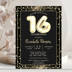 Invitation Fête Sweet 16 Noir Points Dorés
