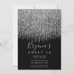 Invitation Fête Sweet 16 Pailletée Argent et Noir Scintillant