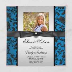 Invitation Fête Sweet 16 Photo Bleu Sarcelle Noir Damassé