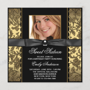 Invitation Fête Sweet 16 Photo Damier Noir Or