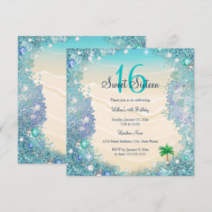Invitation Fête Sweet 16 Sable de l'Océan Perles d'Eau Bleue