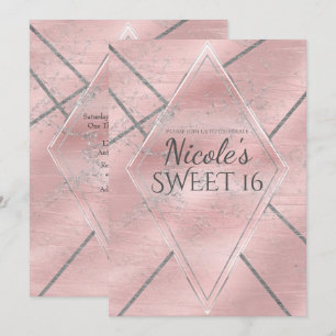 Invitation Fête Sweet 16 Satin Pailleté Rose et Argent