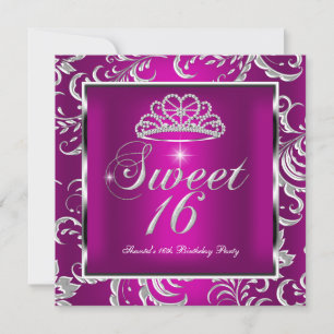 Invitation Fête Sweet 16 Seize Ans Rose Plum Damassé Argent