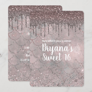 Invitation Fête Sweet 16 Sirène Paillettes Rose Gold Goutte R