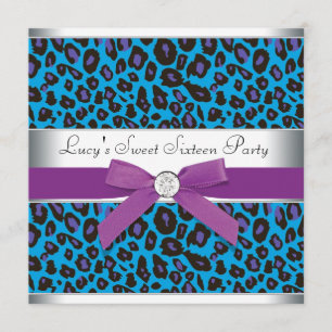 Invitation Fête Sweet 16 Teal Purple Léopard