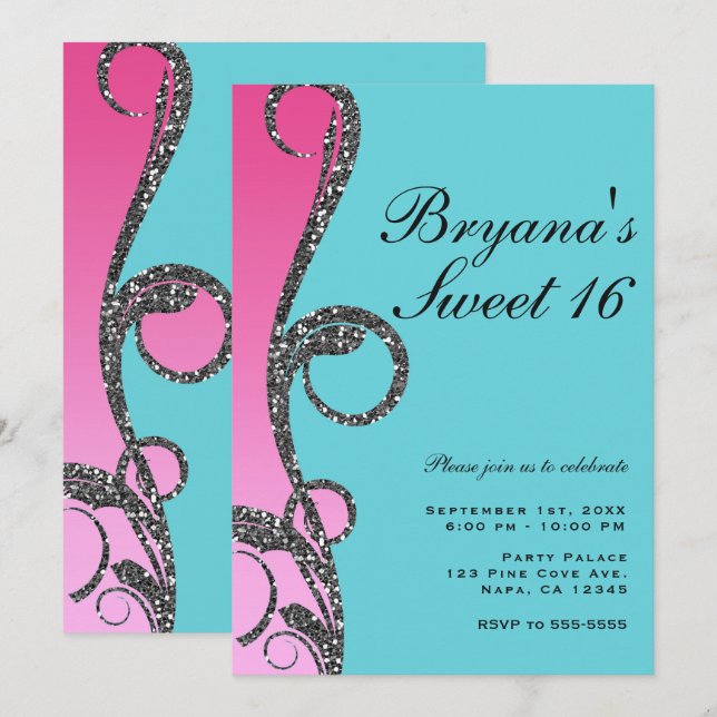 Invitation Fête Sweet 16 Tourbillon de paillettes argentées r (Devant / Derrière)