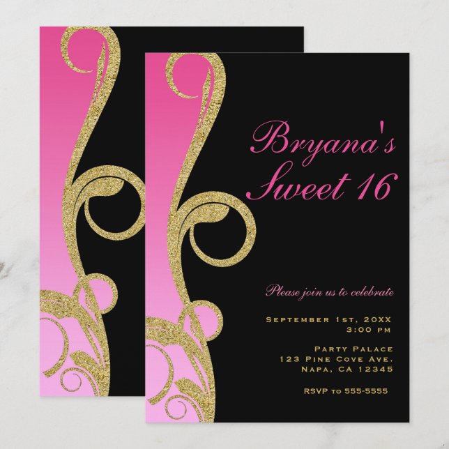 Invitation Fête Sweet 16 Tourbillon Moderne Noir Rose Et Or (Devant / Derrière)