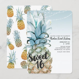 Invitation Fête Sweet 16 Tropical Pineapple & Guirlandes Lumi