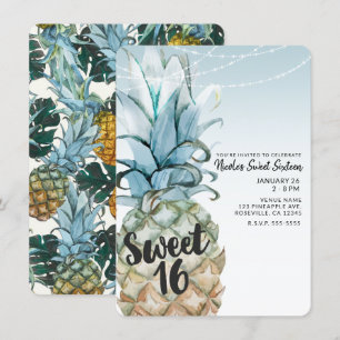 Invitation Fête Sweet 16 Tropicale Ananas & Guirlandes Lumine