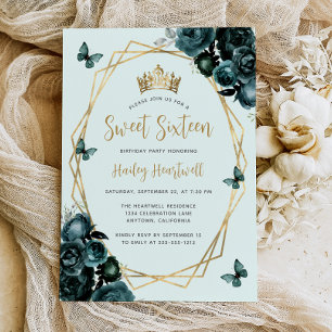 Invitation Fête Sweet 16 Vert Émeraude Or Géométrique Floral