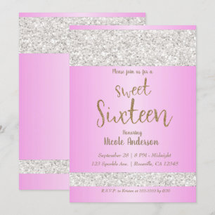 Invitation Fête Sweet Seize Rose Pailleté Blanc Scintillant