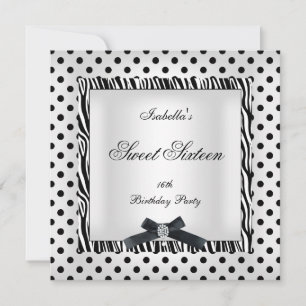 Invitation Fête Sweet Sixteen 16 Noir Blanc Image à pois