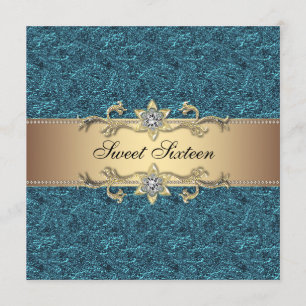 Invitation Fête Sweet Sixteen de bijoux classe or bleu sarcel