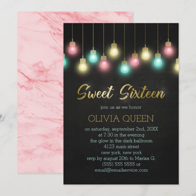Invitation Fête Sweet sixteen des ampoules colorées (Devant / Derrière)