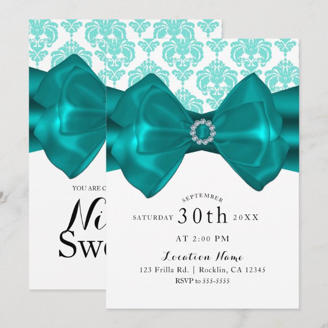 Invitation Fête Teal & Blanc Damassé Bow Glam Chic Douce 16 (Devant / Derrière)