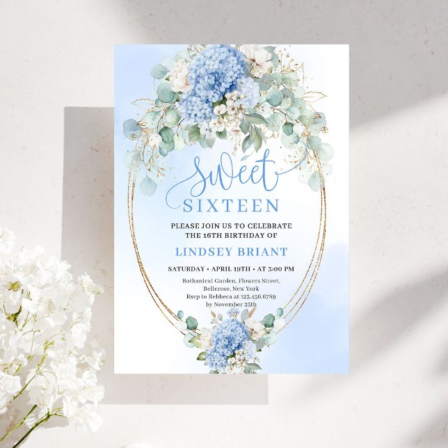 Invitation Fête Tendances Bleu Hydrangea Or Sweet Seize ans  (Trendy Blue Hydrangea Gold Sweet Sixteen Party Invite)