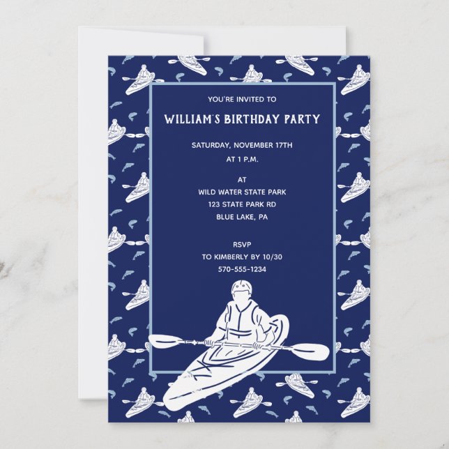 Invitation Fête Thème Kayak Bleu Marine (Devant)