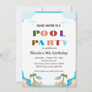 Invitation Fête tropicale au bord de la piscine pour les 9 an