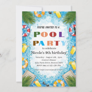 Invitation Fête tropicale au bord de la piscine pour les 9 an