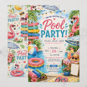 Invitation Fête Tropicale au Piscine au Flamant Rose