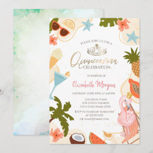 Invitation Fête Tropicale au Piscine Flamant Rose Quinceañera