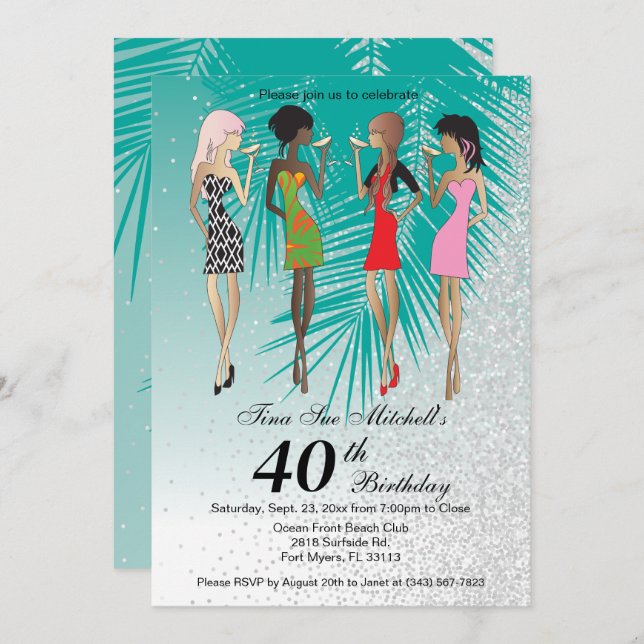 Invitation Fête Tropicale de Filles au Luau (Devant / Derrière)