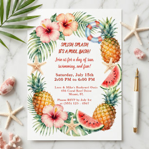 Invitation Fête tropicale d'été au bord de la piscine avec fl