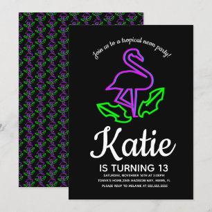 Invitation Fête Tropicale Néon Flamant Rose Ados