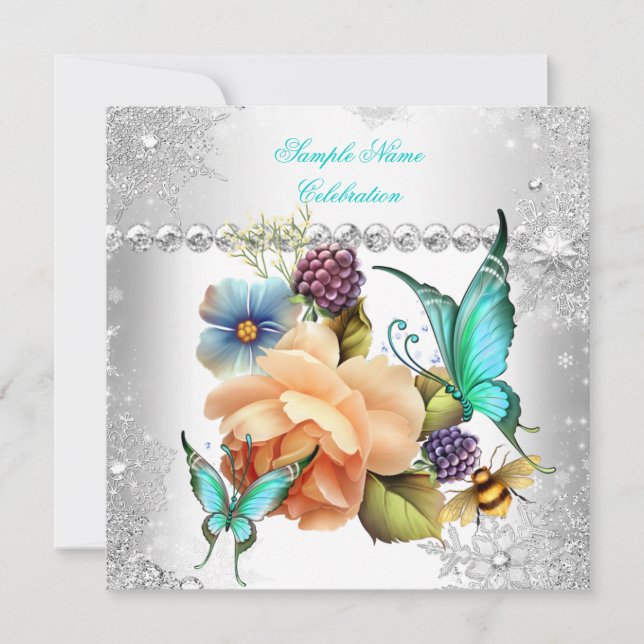 Invitation Fête turquoise du papillon Rose Peach Silver White (Devant)