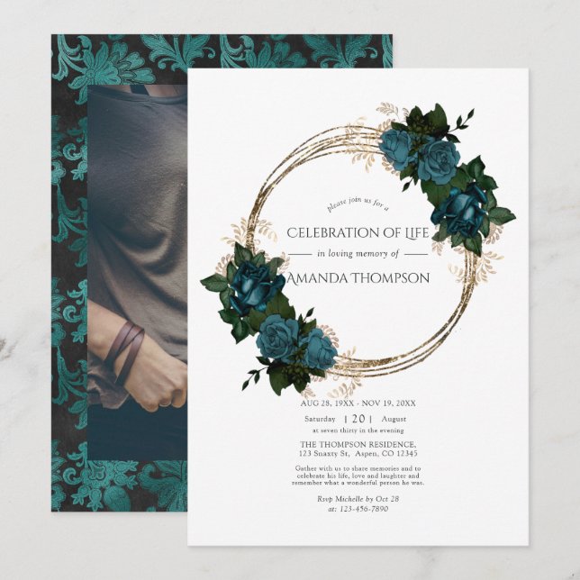 Invitation Fête turquoise et Gold Floral de la vie Photo Inv (Devant / Derrière)