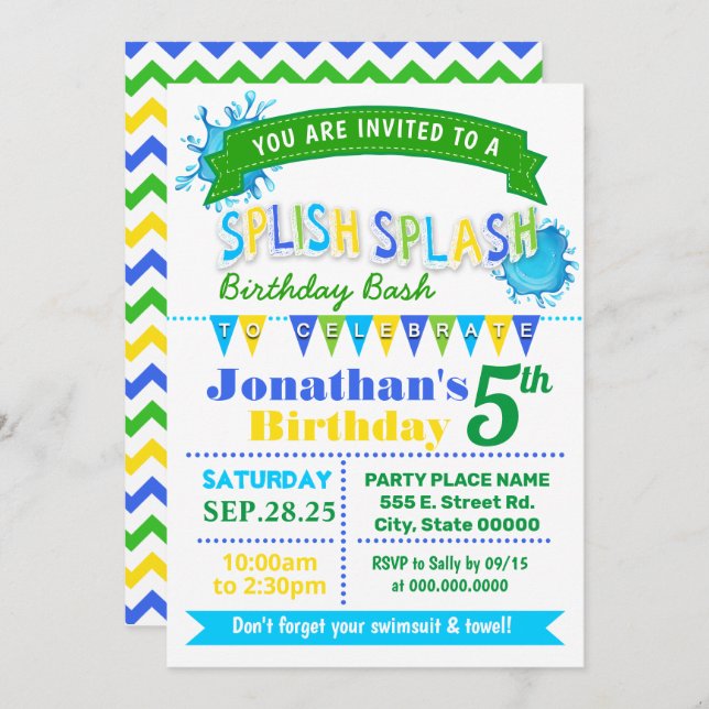 Invitation Fête verte bleue d'anniversaire de la fête d'anniv (Devant / Derrière)